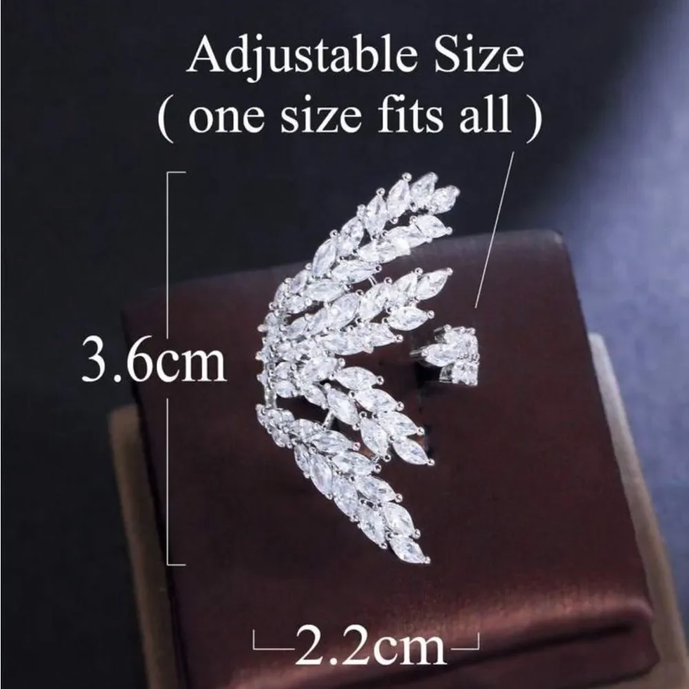 Leaf Shaped Cuff Ring With‎ Shiny Cubic Zirconia Stones